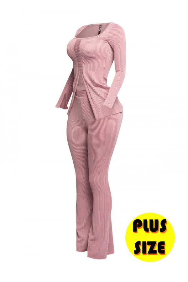 Plus Size Ribbed Pant Set With Slit Detail - | SmartBuyApparel