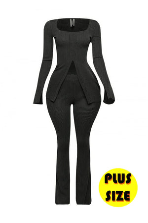 Plus Size Ribbed Pant Set With Slit Detail - | SmartBuyApparel