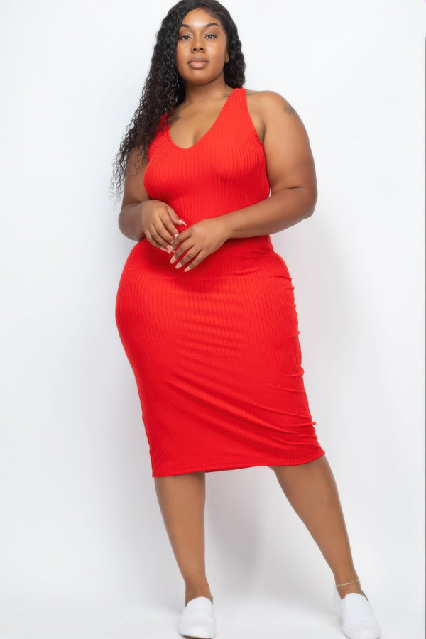 Plus Size Ribbed Sleeveless Bodycon Midi Dress - Dress - SmartBuyApparel