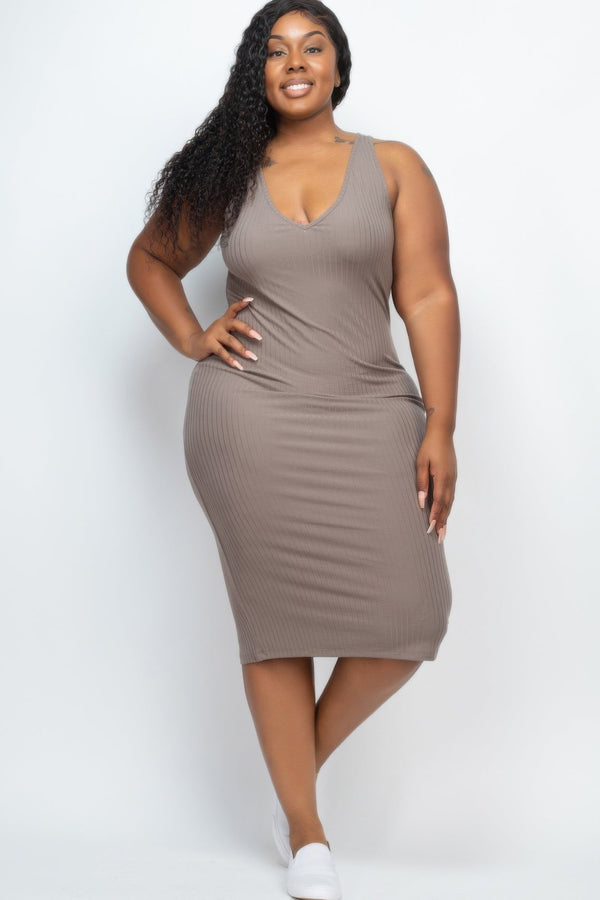 Plus Size Ribbed Sleeveless Bodycon Midi Dress - Dress - SmartBuyApparel