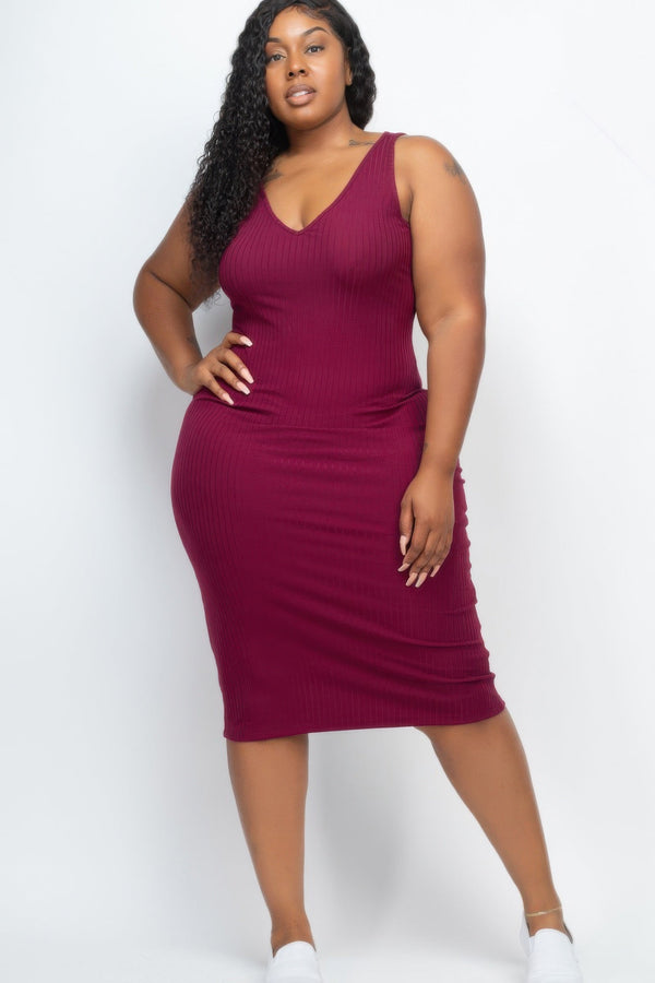 Plus Size Ribbed Sleeveless Bodycon Midi Dress - Dress - SmartBuyApparel