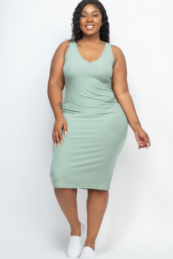 Plus Size Ribbed Sleeveless Bodycon Midi Dress - Dress - SmartBuyApparel