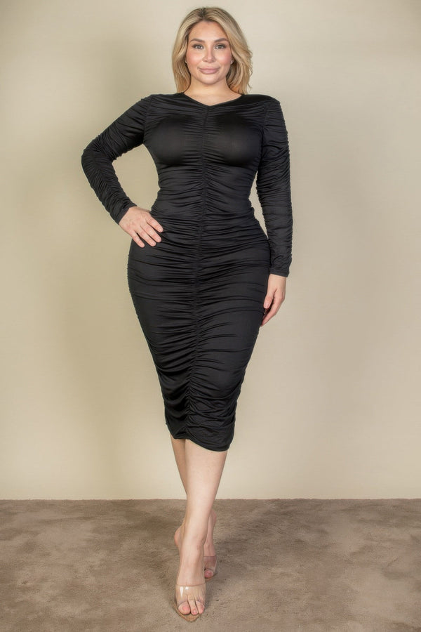 Plus Size Ruched Long Sleeve Midi Dress - Dress - SmartBuyApparel