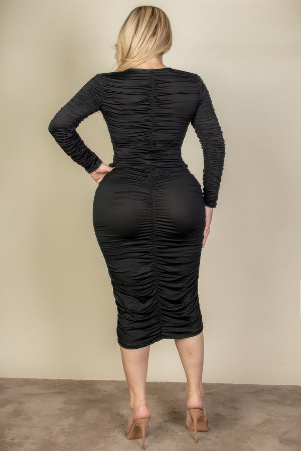 Plus Size Ruched Long Sleeve Midi Dress - Dress - SmartBuyApparel