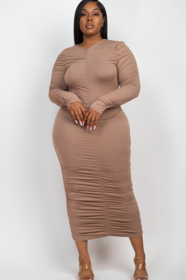 Plus Size Ruched Long Sleeve Midi Dress - Dress - SmartBuyApparel