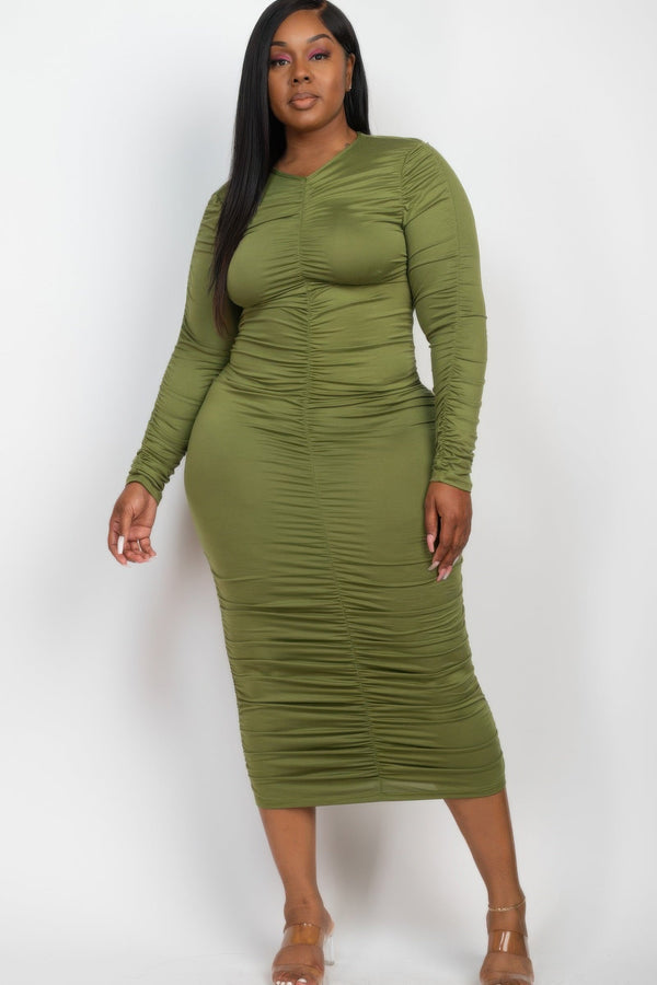 Plus Size Ruched Long Sleeve Midi Dress - Dress - SmartBuyApparel