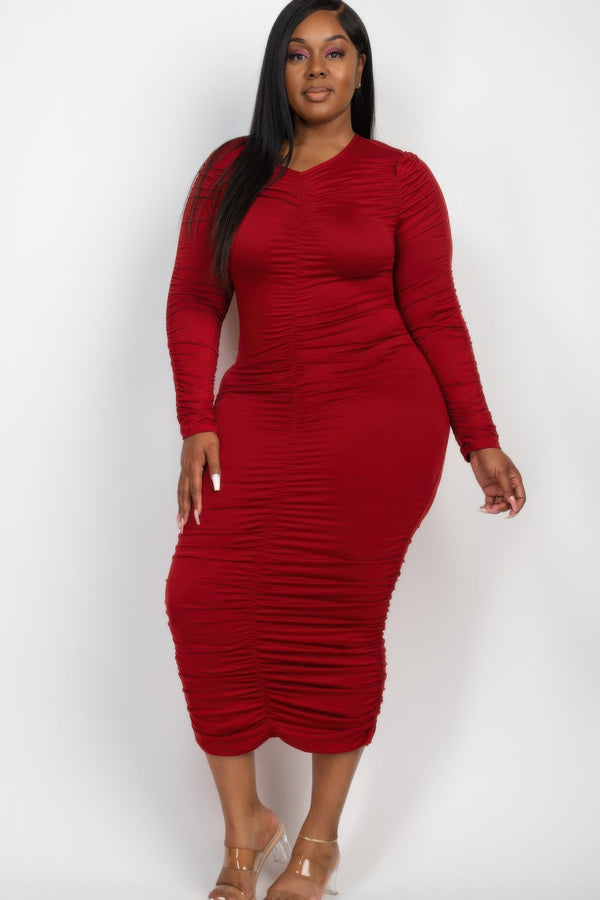 Plus Size Ruched Long Sleeve Midi Dress - Dress - SmartBuyApparel