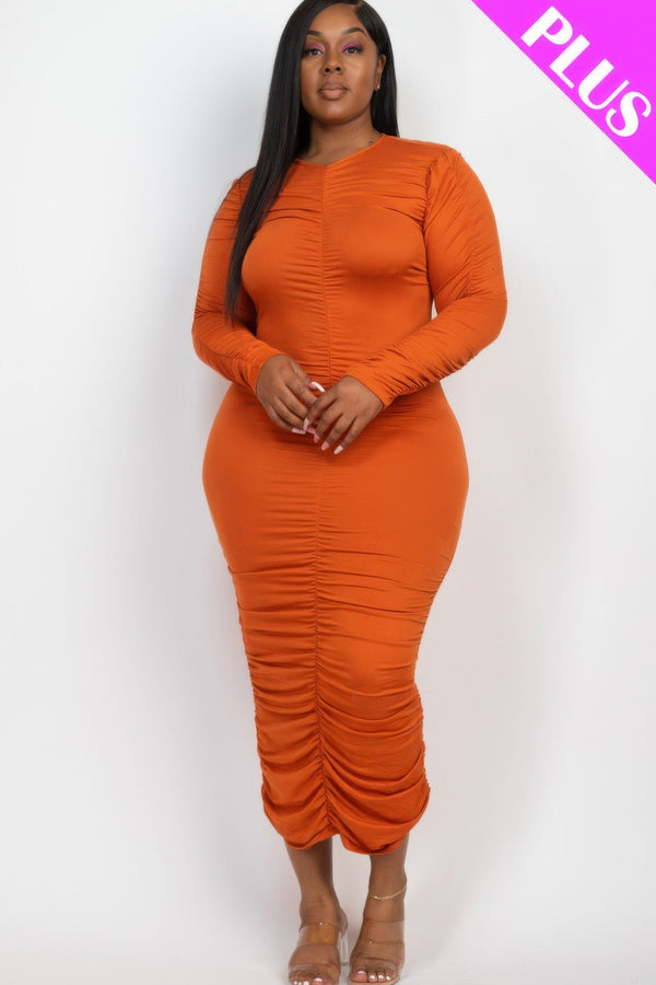 Plus Size Ruched Long Sleeve Midi Dress - Dress - SmartBuyApparel