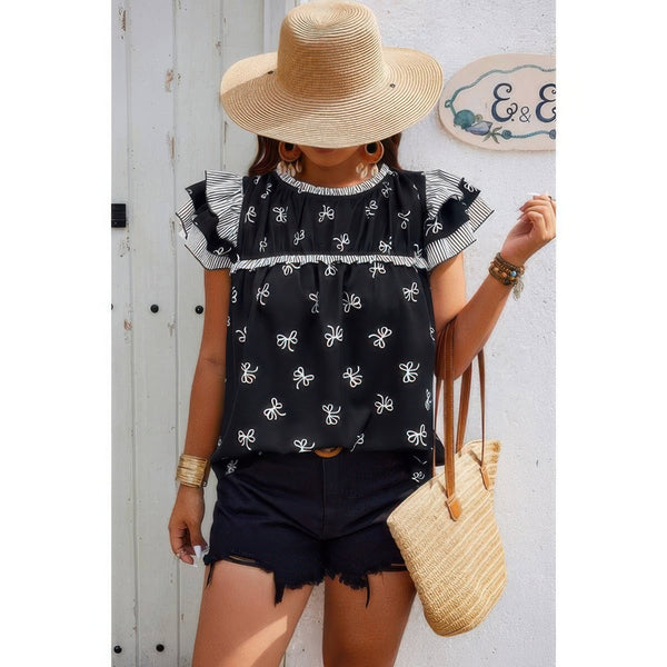 Plus Size Ruffle Hem Random Print Loose Shirt - | SmartBuyApparel