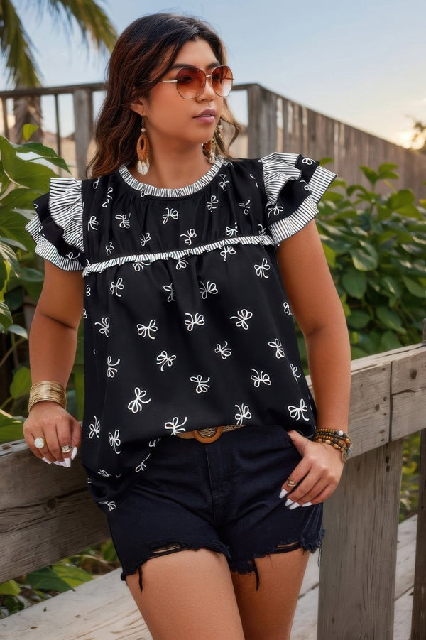 Plus Size Ruffle Hem Random Print Loose Shirt - | SmartBuyApparel