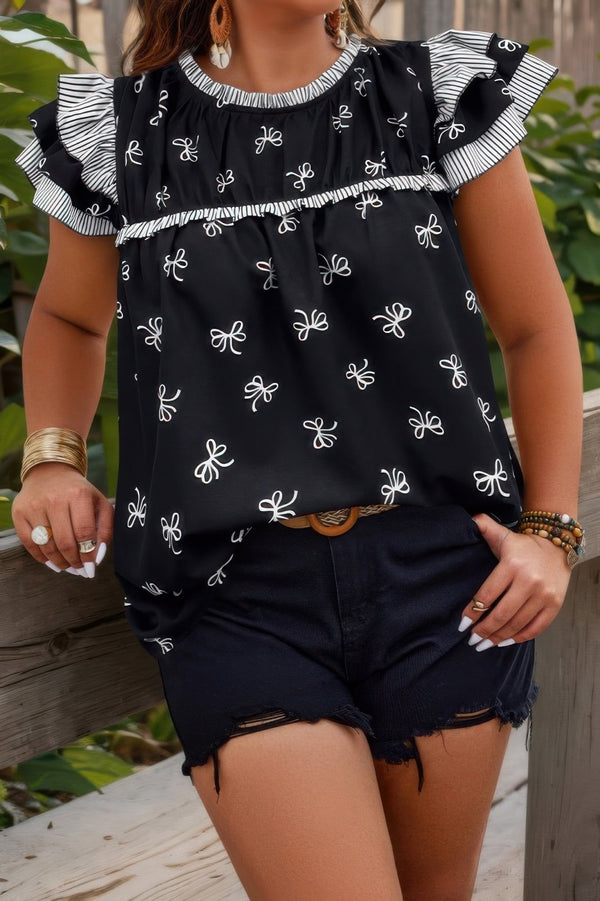 Plus Size Ruffle Hem Random Print Loose Shirt - | SmartBuyApparel