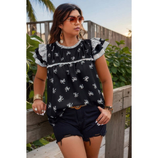 Plus Size Ruffle Hem Random Print Loose Shirt - | SmartBuyApparel