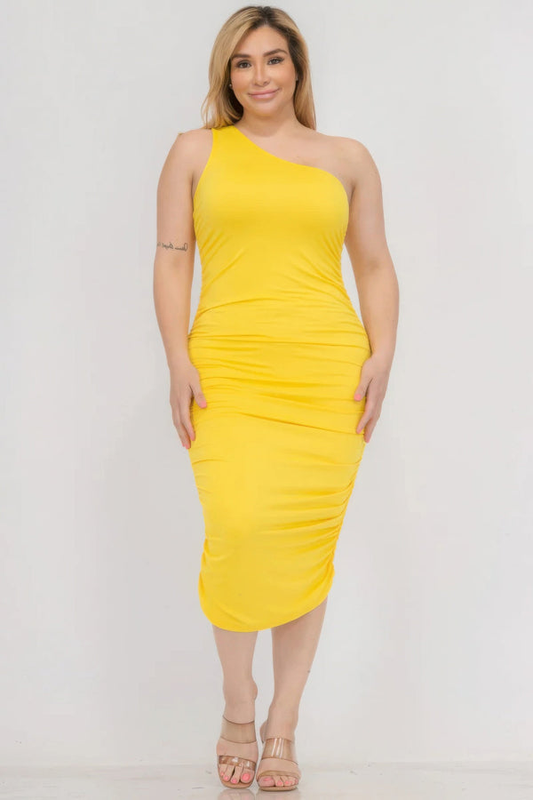 Plus Size Sexy Solid Color Ruched One Shoulder Midi Bodycon Dress - Dress - SmartBuyApparel