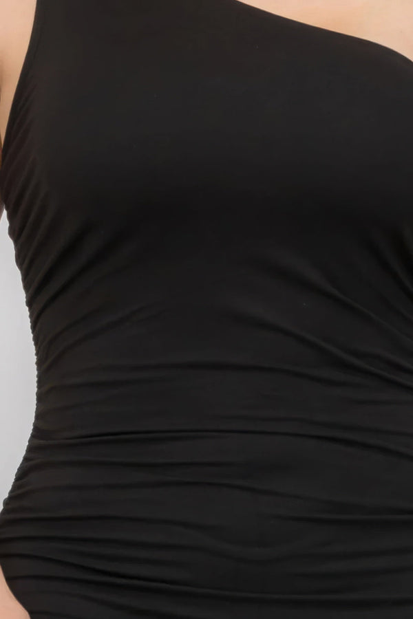 Plus Size Sexy Solid Color Ruched One Shoulder Midi Bodycon Dress - Dress - SmartBuyApparel