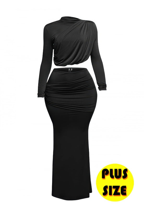 Plus Size Shirring Detailed Top & Long Skirt Set - | SmartBuyApparel