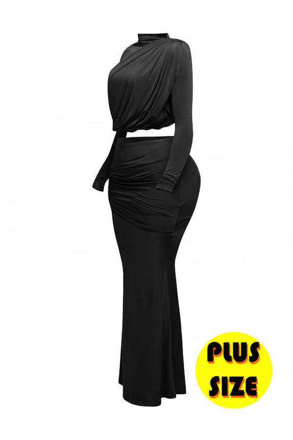 Plus Size Shirring Detailed Top & Long Skirt Set - | SmartBuyApparel