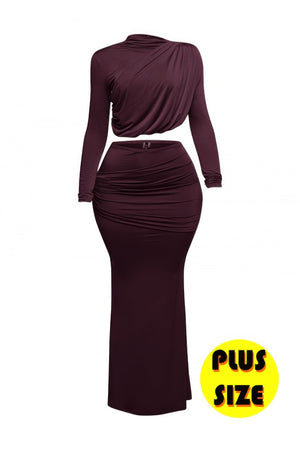 Plus Size Shirring Detailed Top & Long Skirt Set - | SmartBuyApparel