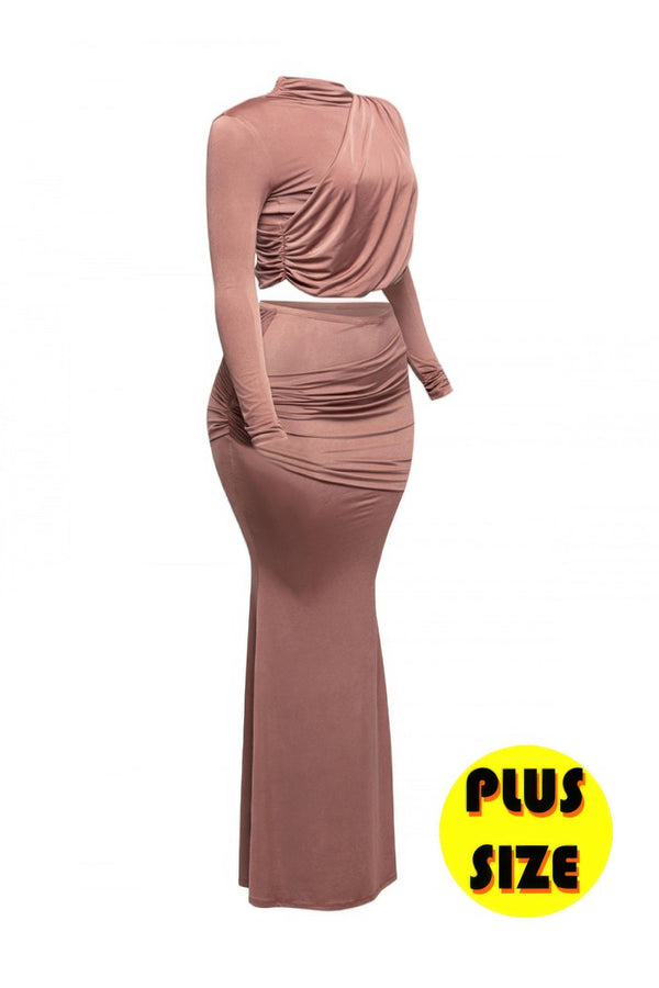 Plus Size Shirring Detailed Top & Long Skirt Set - | SmartBuyApparel