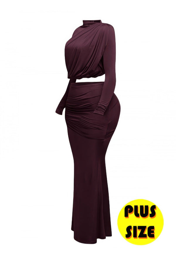 Plus Size Shirring Detailed Top & Long Skirt Set - | SmartBuyApparel