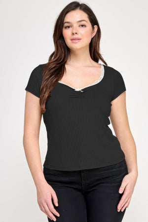 Plus Size Short Sleeve Rib Bow Trim Top - | SmartBuyApparel