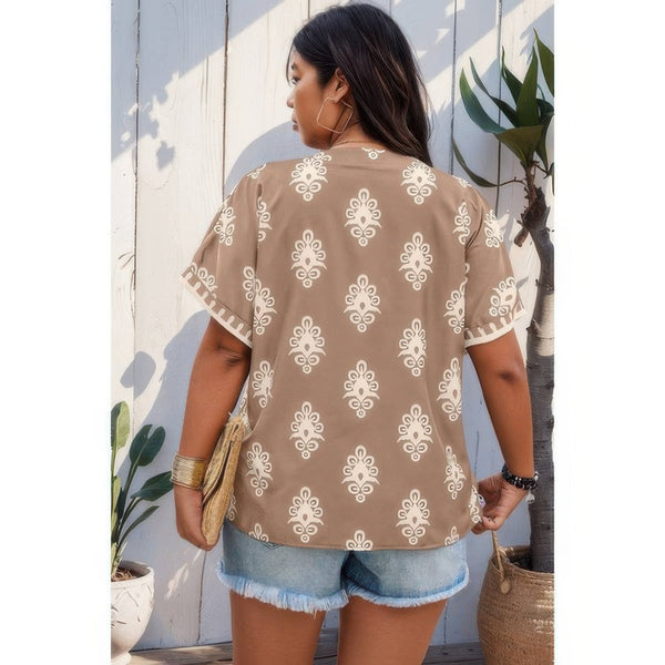 Plus Size Short Sleeve V Neck Printed Blouse - | SmartBuyApparel