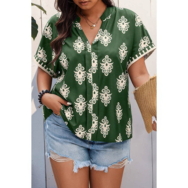 Plus Size Short Sleeve V Neck Printed Blouse - | SmartBuyApparel