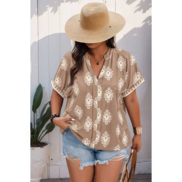 Plus Size Short Sleeve V Neck Printed Blouse - | SmartBuyApparel