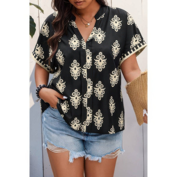 Plus Size Short Sleeve V Neck Printed Blouse - | SmartBuyApparel