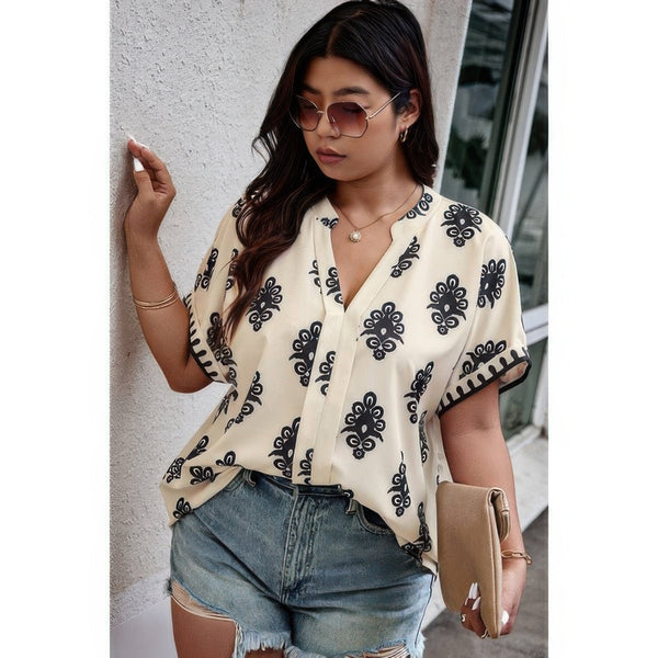 Plus Size Short Sleeve V Neck Printed Blouse - | SmartBuyApparel