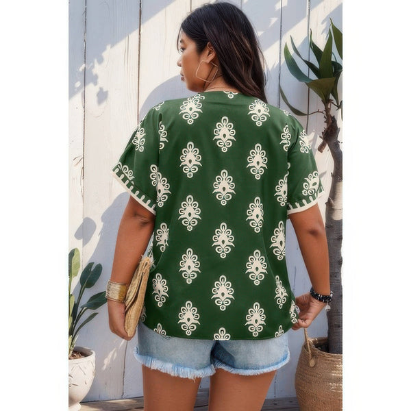 Plus Size Short Sleeve V Neck Printed Blouse - | SmartBuyApparel