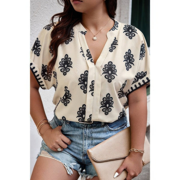 Plus Size Short Sleeve V Neck Printed Blouse - | SmartBuyApparel