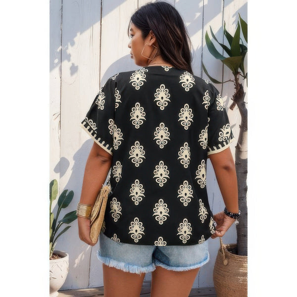 Plus Size Short Sleeve V Neck Printed Blouse - | SmartBuyApparel