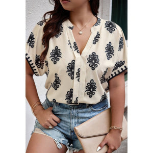 Plus Size Short Sleeve V Neck Printed Blouse - | SmartBuyApparel