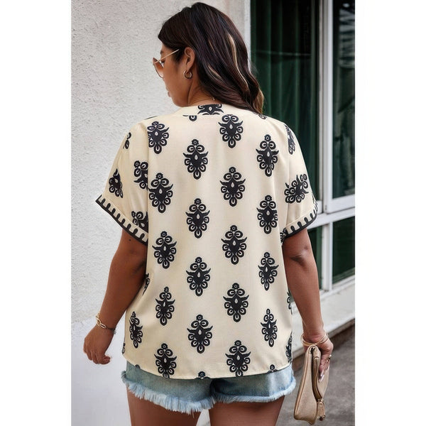 Plus Size Short Sleeve V Neck Printed Blouse - | SmartBuyApparel