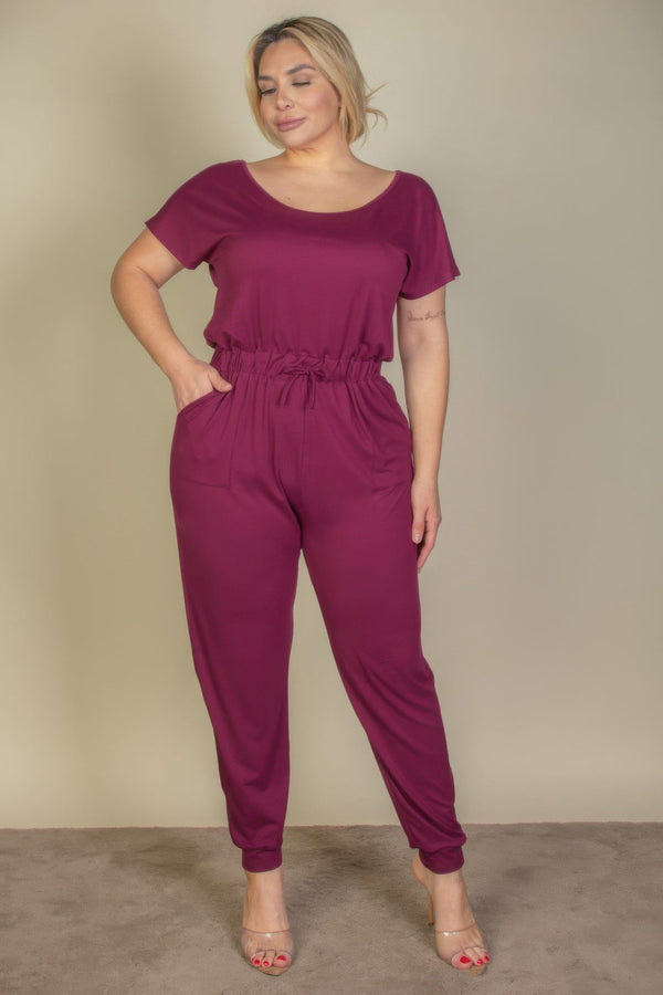 Plus Size Solid Drawstring Short Sleeve Jumpsuit - Jumpsuit - SmartBuyApparel