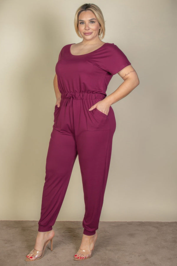 Plus Size Solid Drawstring Short Sleeve Jumpsuit - Jumpsuit - SmartBuyApparel
