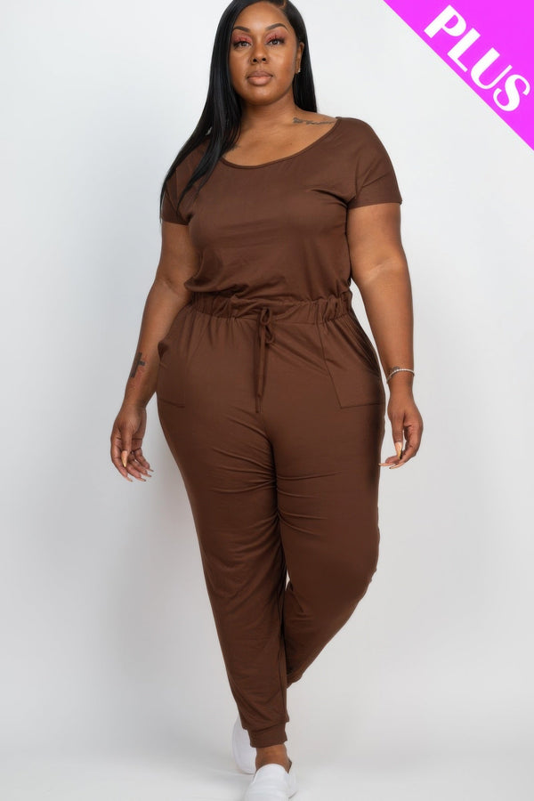 Plus Size Solid Drawstring Short Sleeve Jumpsuit - Jumpsuit - SmartBuyApparel