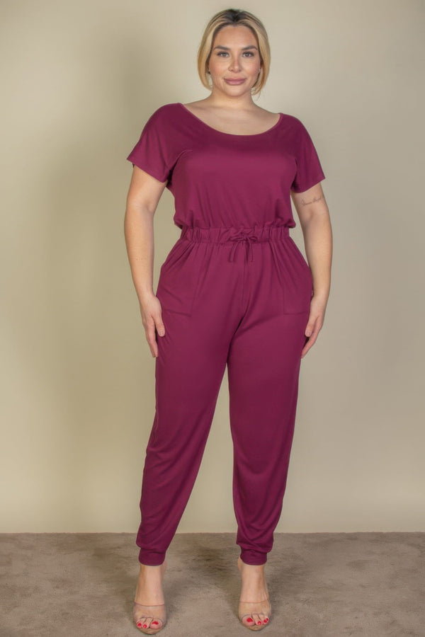 Plus Size Solid Drawstring Short Sleeve Jumpsuit - Jumpsuit - SmartBuyApparel