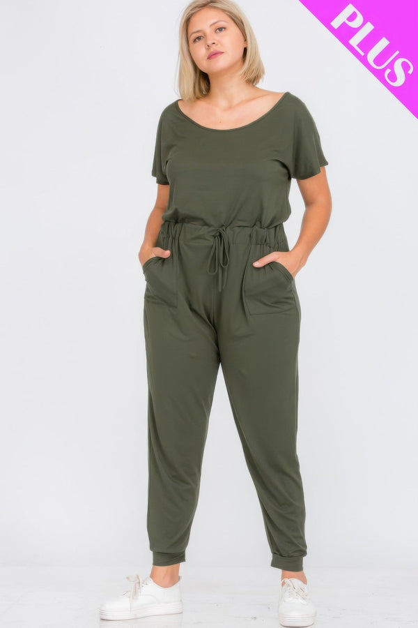 Plus Size Solid Drawstring Short Sleeve Jumpsuit - Jumpsuit - SmartBuyApparel