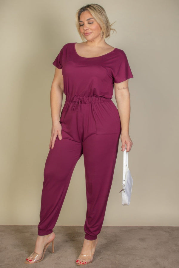 Plus Size Solid Drawstring Short Sleeve Jumpsuit - Jumpsuit - SmartBuyApparel