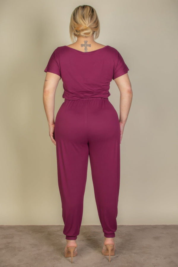 Plus Size Solid Drawstring Short Sleeve Jumpsuit - Jumpsuit - SmartBuyApparel
