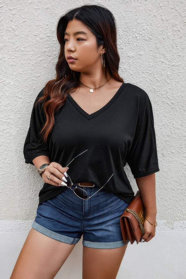 Plus Size Solid Drop Shoulder Short Sleeve Shirt - | SmartBuyApparel