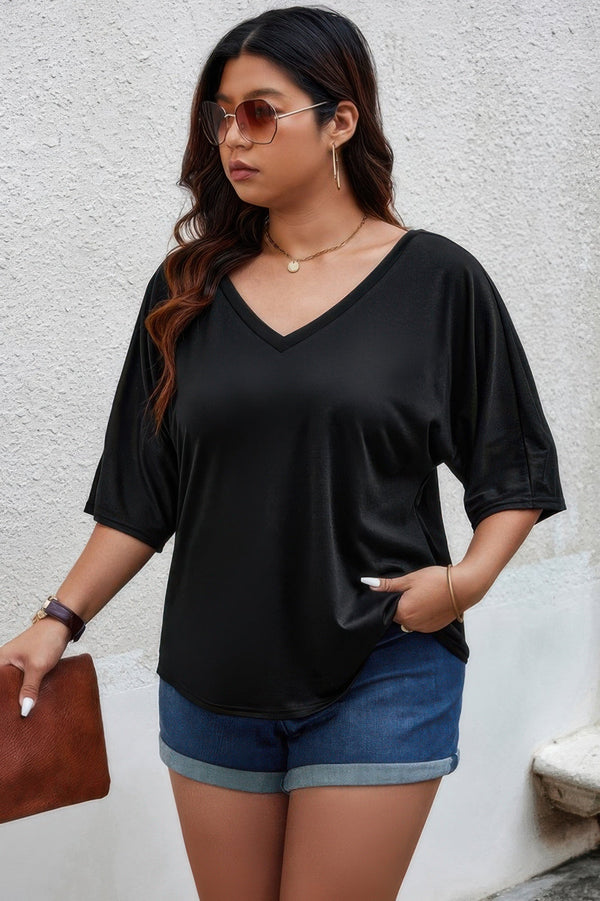 Plus Size Solid Drop Shoulder Short Sleeve Shirt - | SmartBuyApparel