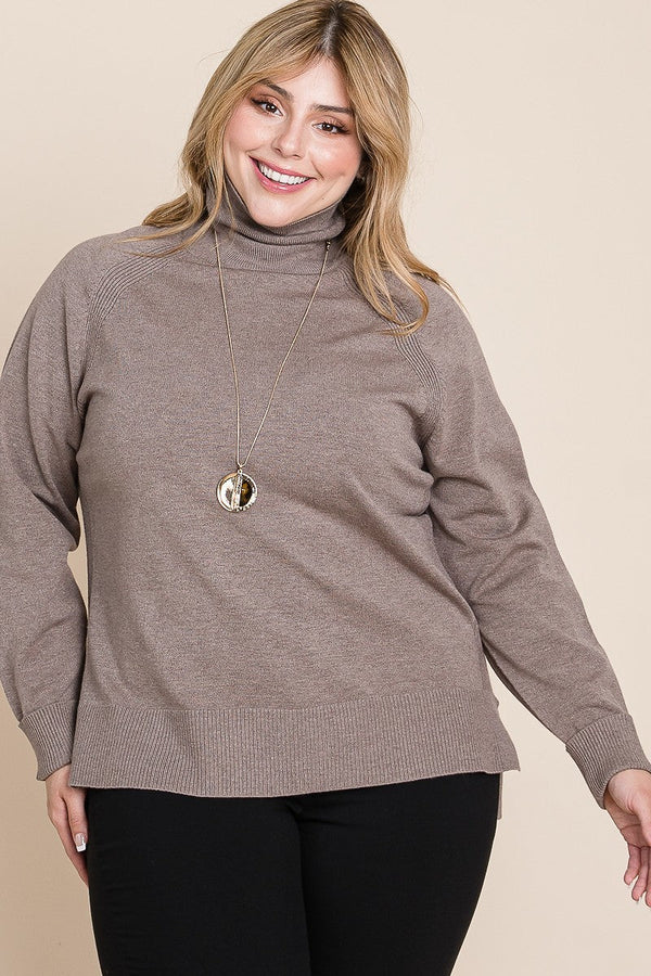 Plus Size Solid Knit Turtleneck Two Tone High Low Hem Sweater - Women's sweater - SmartBuyApparel