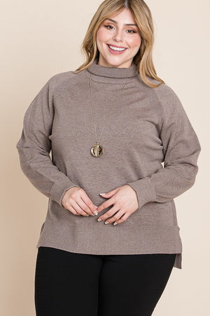 Plus Size Solid Knit Turtleneck Two Tone High Low Hem Sweater - Women's sweater - SmartBuyApparel