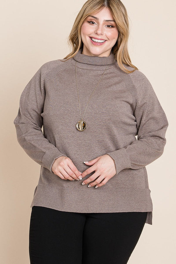 Plus Size Solid Knit Turtleneck Two Tone High Low Hem Sweater - Women's sweater - SmartBuyApparel