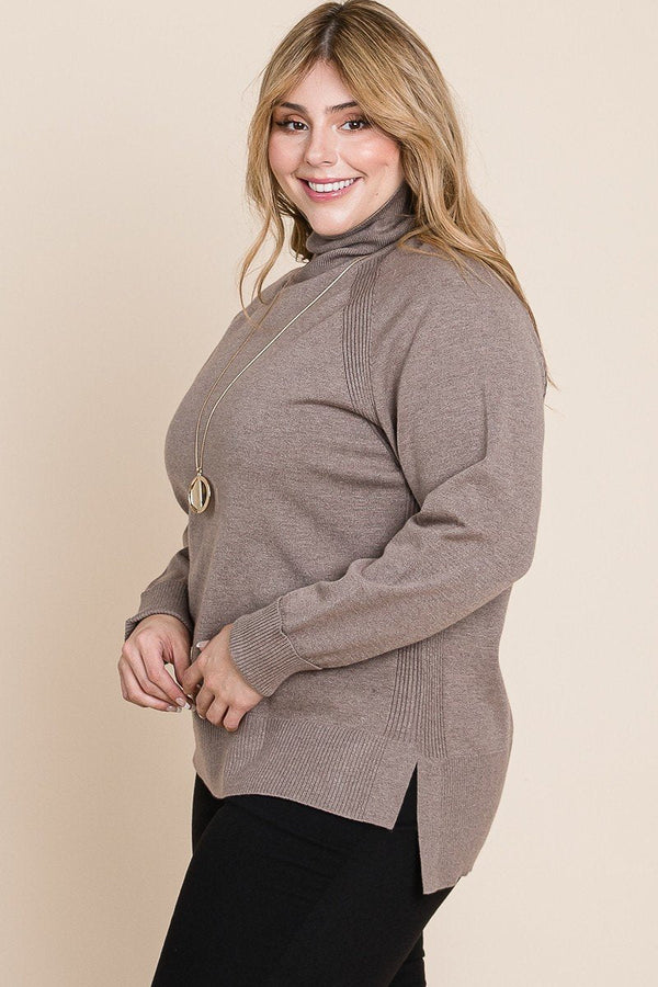 Plus Size Solid Knit Turtleneck Two Tone High Low Hem Sweater - Women's sweater - SmartBuyApparel