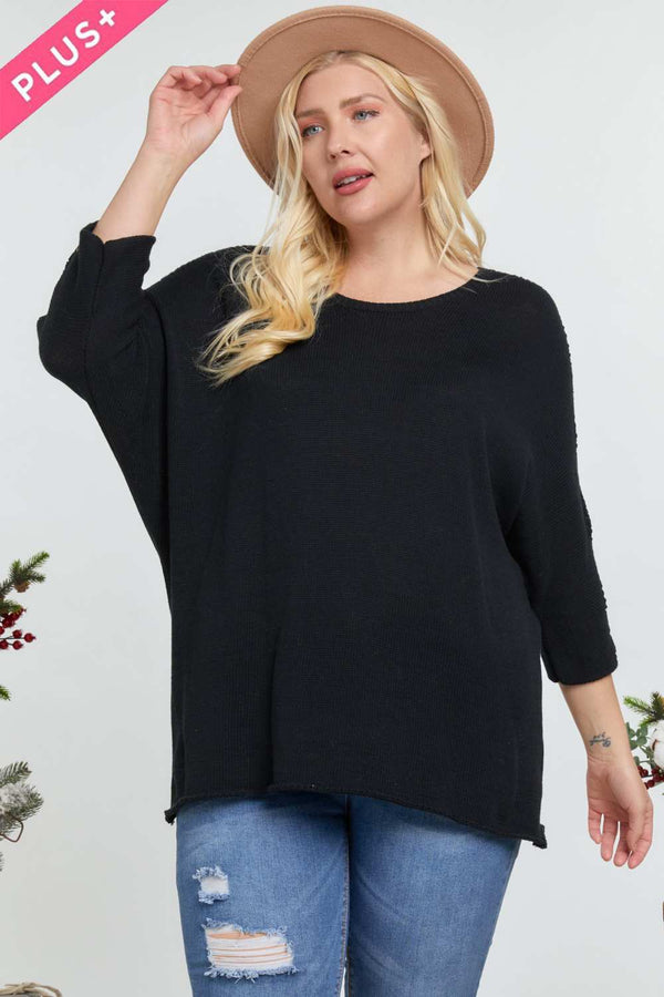 Plus Size Solid Round Neck 3/4 Sleeve Sweater Top - Women's sweater - SmartBuyApparel