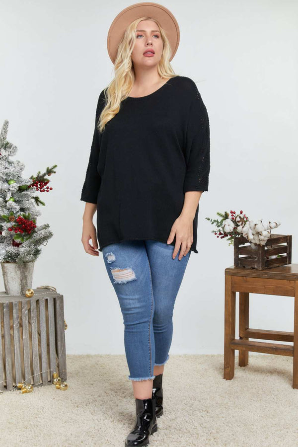 Plus Size Solid Round Neck 3/4 Sleeve Sweater Top - Women's sweater - SmartBuyApparel