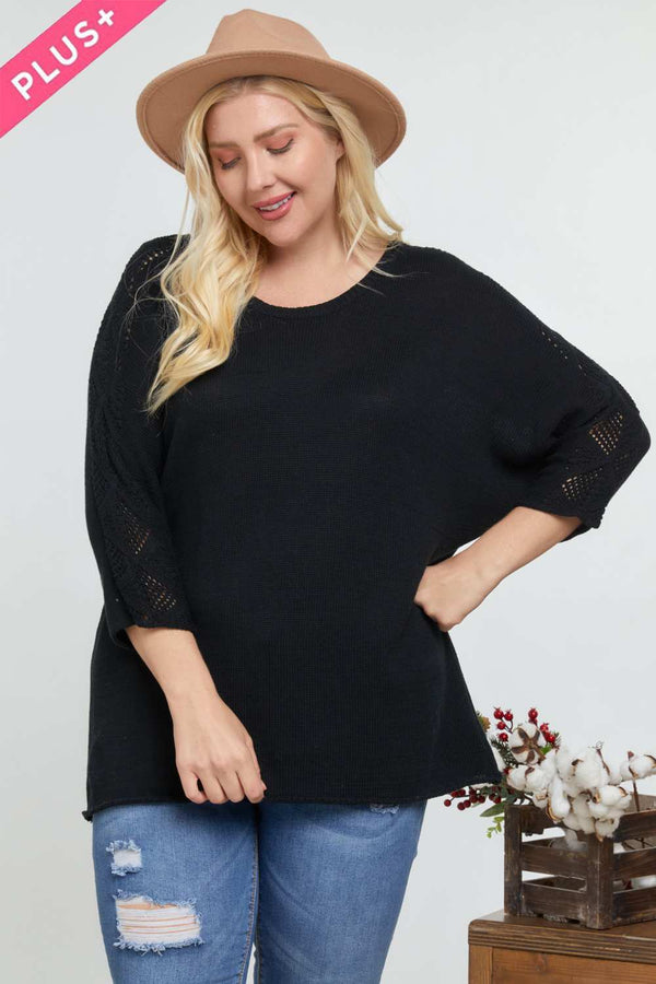 Plus Size Solid Round Neck 3/4 Sleeve Sweater Top - Women's sweater - SmartBuyApparel